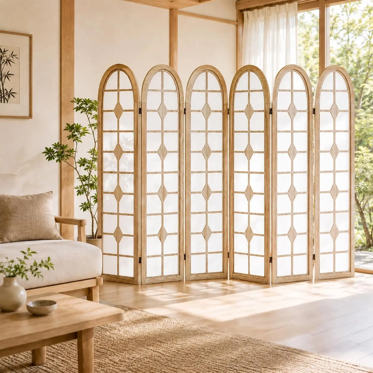 Shoji Screen Divider - 6-teiliger Shoji-Raumteiler, Holz-Faltwand für Privatsphäre, Naturfarben